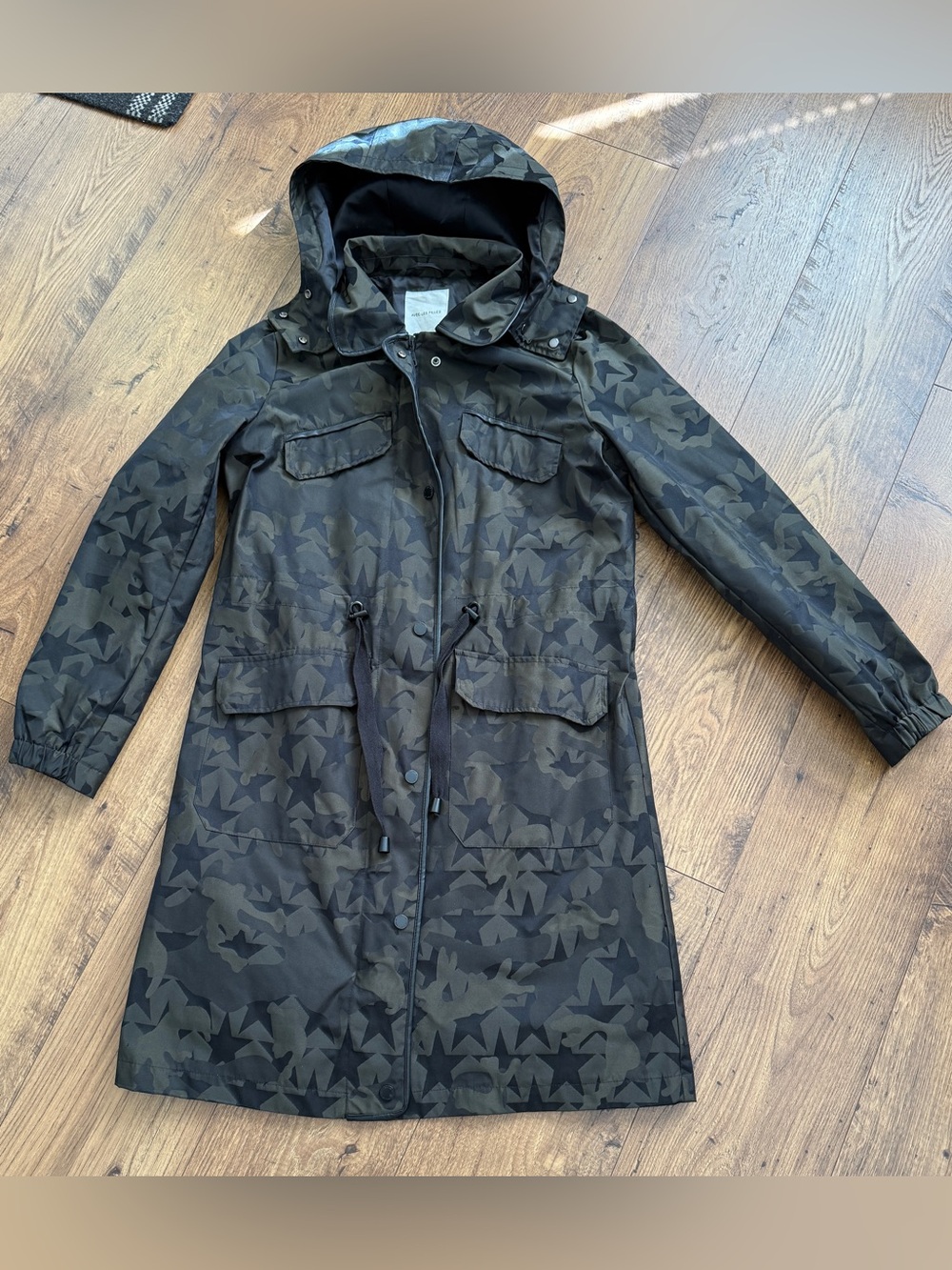 Avec Les Filles Olive & Black Star-Print Hooded Trench Coat - New w/o Tags